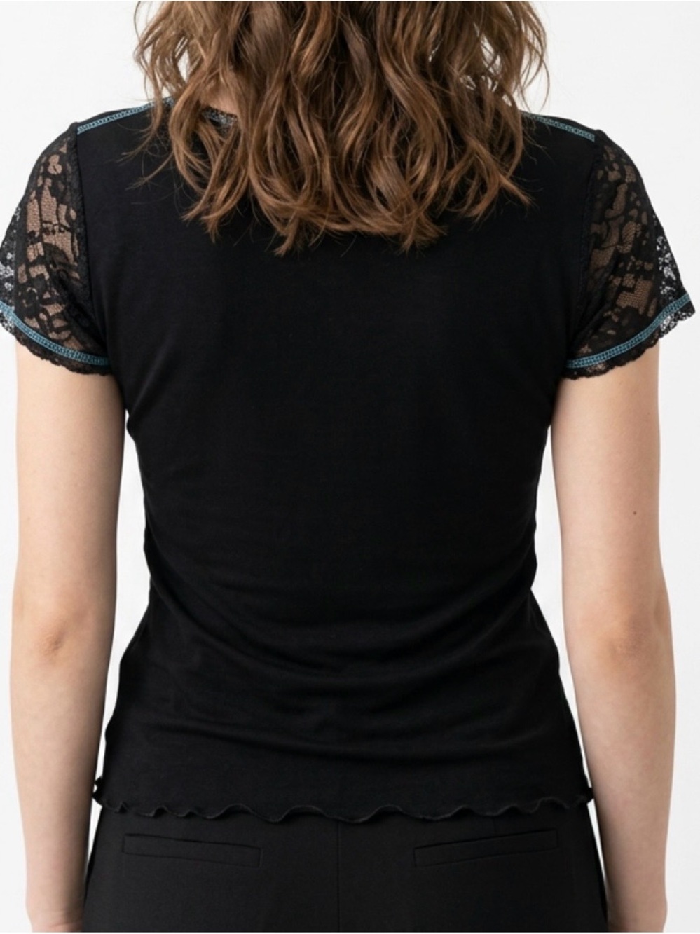 EDISTA Black Floral Lace Panel Short Sleeve Women's Top - Picture 3 of 4